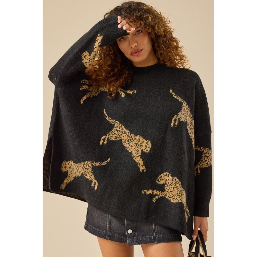 Altar'd State Womens Cheetah Print Mock Neck Oversized Knit Sweater Size XS